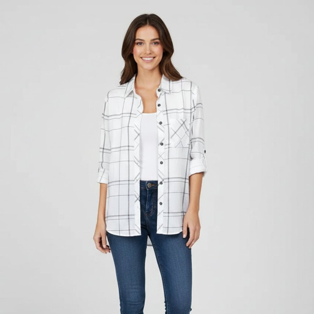 Anthropologie Ash and Ember Button Down Shirt Collared Paid Western Size Small